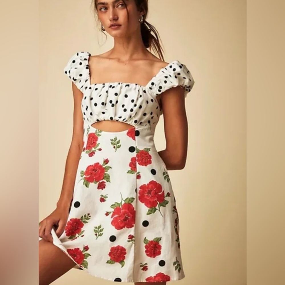 Free People White Polka Dot & Red Floral Cutout Mini Dress